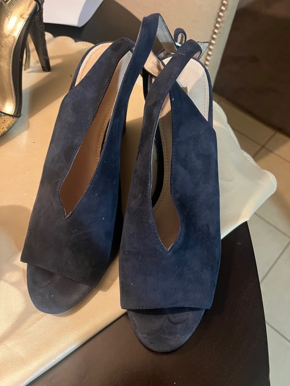 Louise et Cie Navy Suede Peep-Toe Slingback Heels